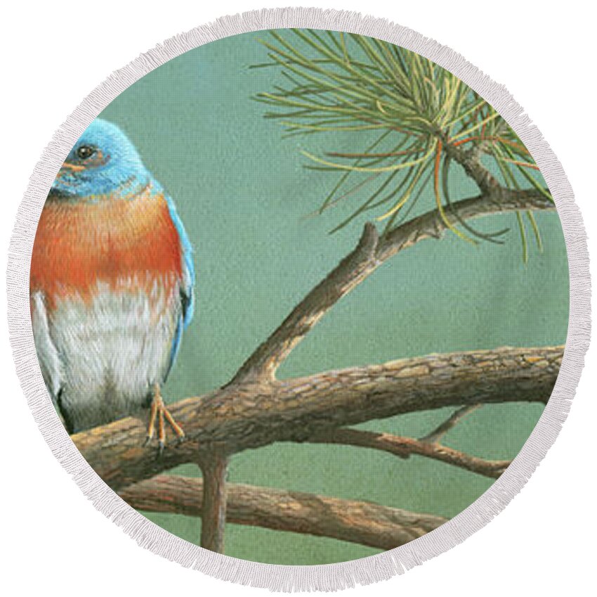 Blue Bird Round Beach Towel featuring the painting Little Boy Blue by Mike Brown