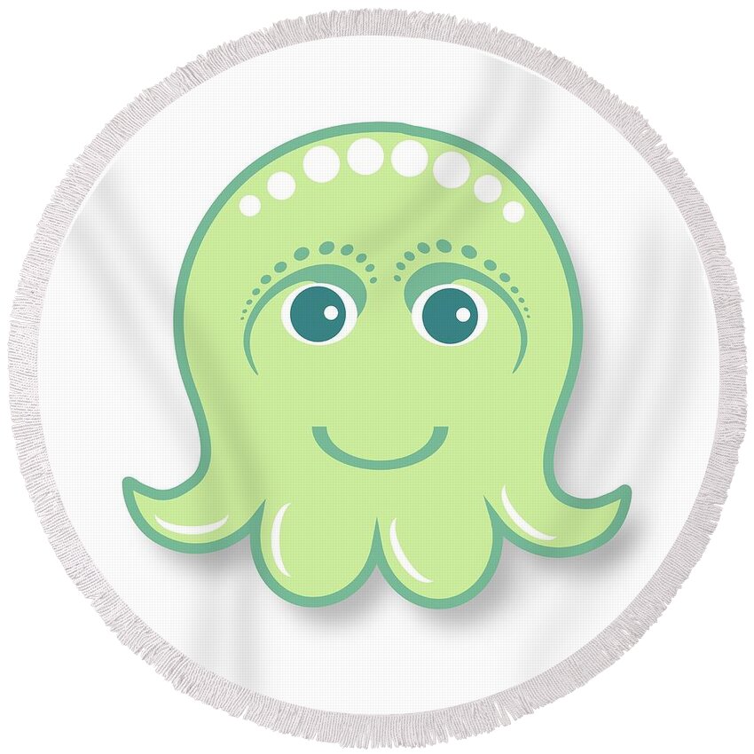Little Octopus Round Beach Towel featuring the digital art Little cute green octopus by Ainnion