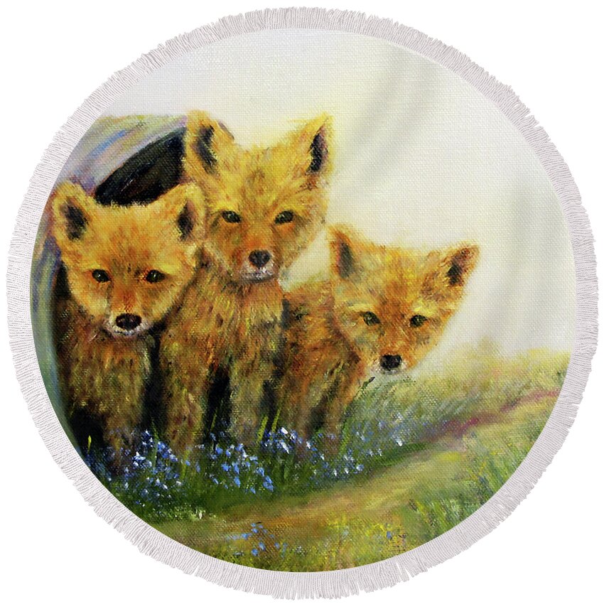 Wildlife Round Beach Towel featuring the painting Little Foxes by Loretta Luglio