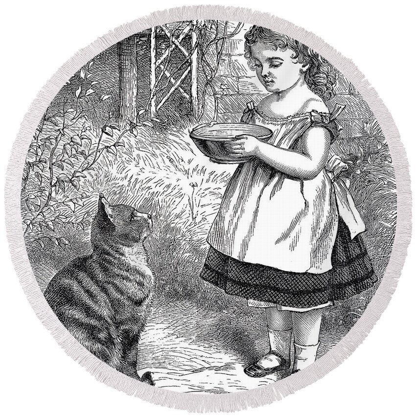Little Girl Round Beach Towel featuring the drawing Little Girl Gives Her Cat Its Dinner by Vintage Collectables