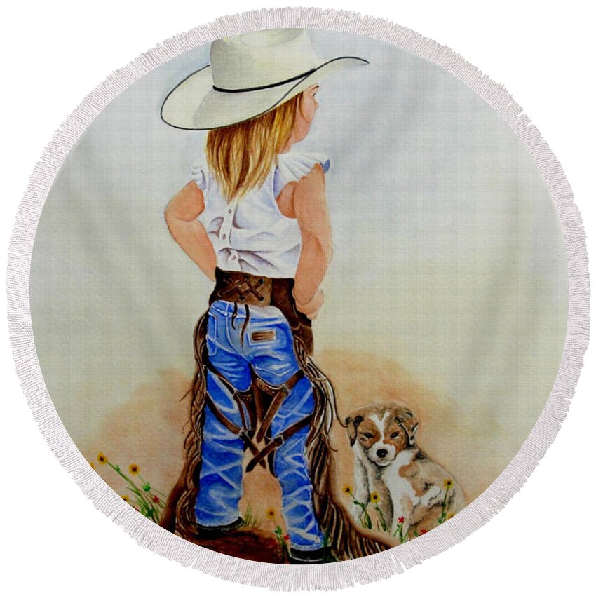 Western Round Beach Towel featuring the painting Little Miss Big Britches by Jimmy Smith