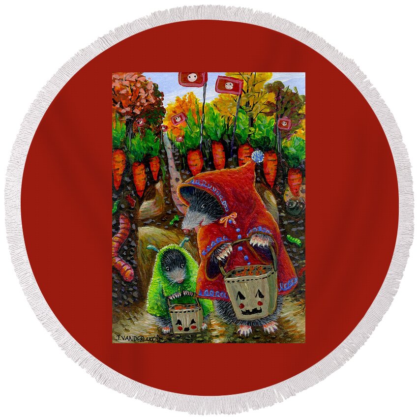 Mole Round Beach Towel featuring the painting Little Red Riding Mole and Little Green Monster Mole by Jacquelin L Westerman