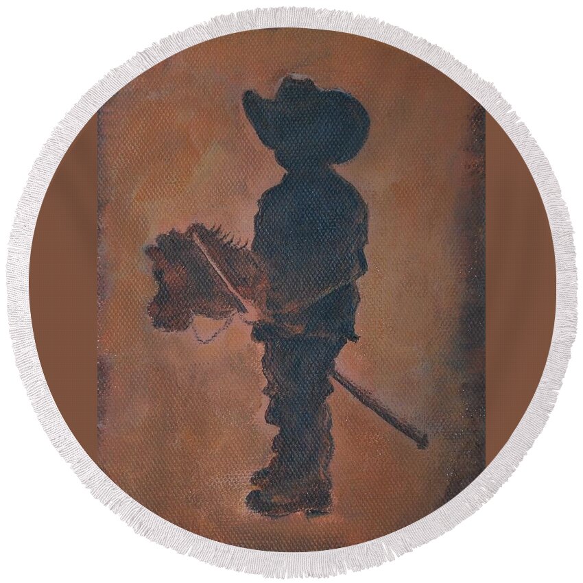 Boy Painting Round Beach Towel featuring the painting Little Rider by Leslie Allen