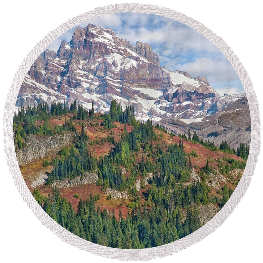 Autumn Round Beach Towel featuring the photograph Little Tahoma Peak and Stevens Ridge in the Fall by Jeff Goulden