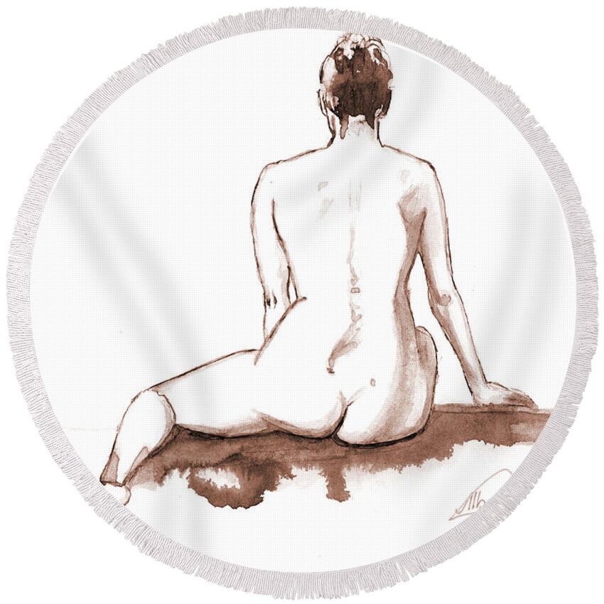 Nude Round Beach Towel featuring the painting Live Model Figure  by Alban Dizdari