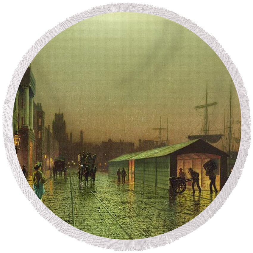 Liverpool Round Beach Towel featuring the painting Liverpool Docks by John Atkinson Grimshaw by John Atkinson Grimshaw