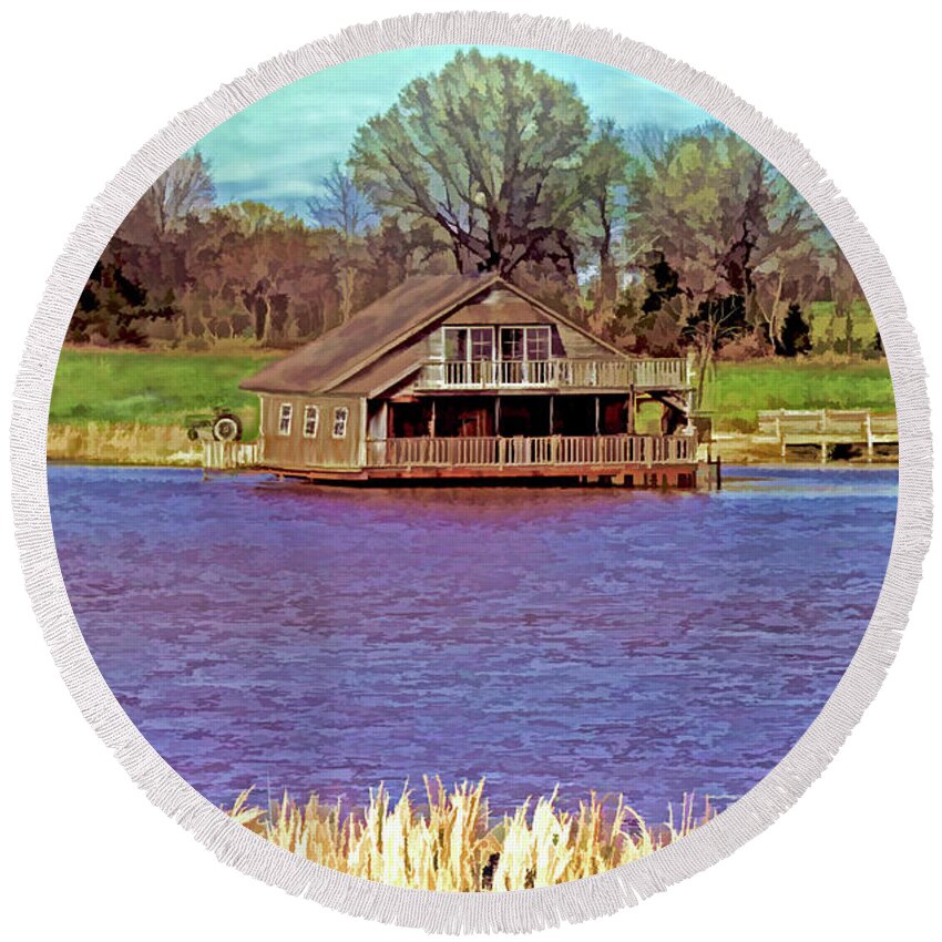 Cabin Round Beach Towel featuring the photograph LIving on the Water by Bonnie Willis