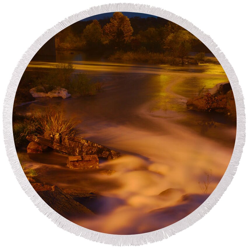 James Smullins Round Beach Towel featuring the photograph Llano river golden glow by James Smullins