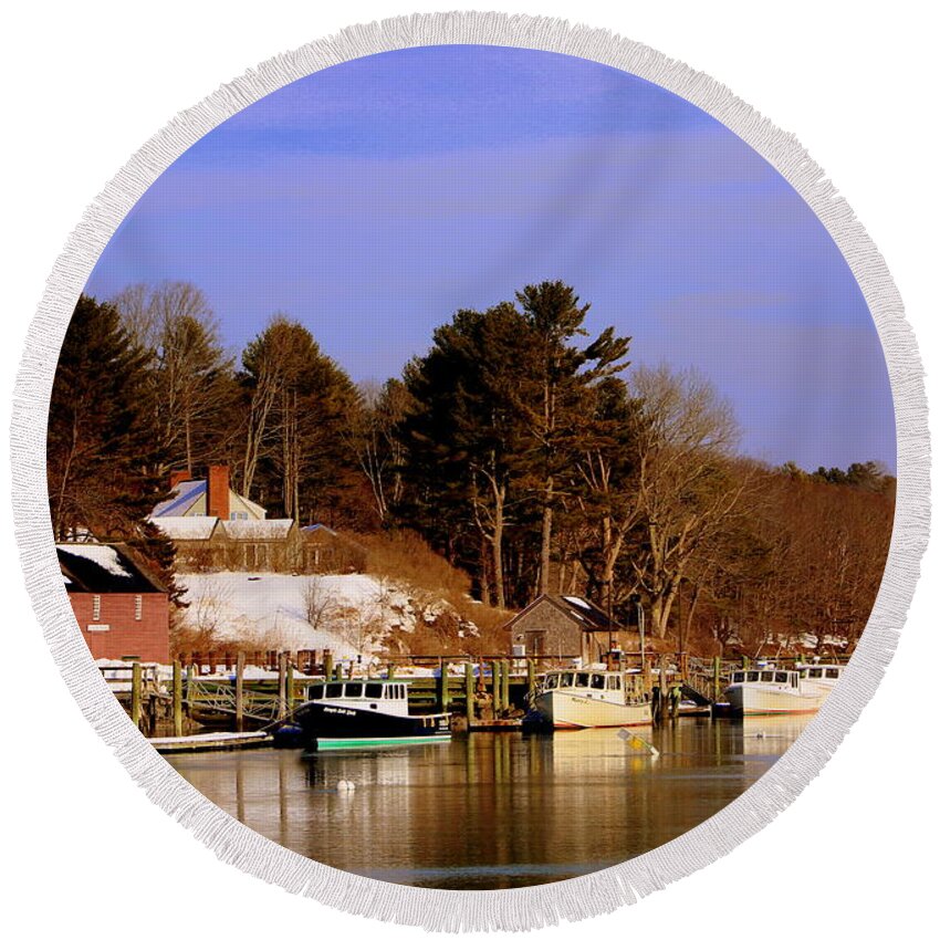 Maine Round Beach Towel featuring the photograph Lobster boats by Lennie Malvone