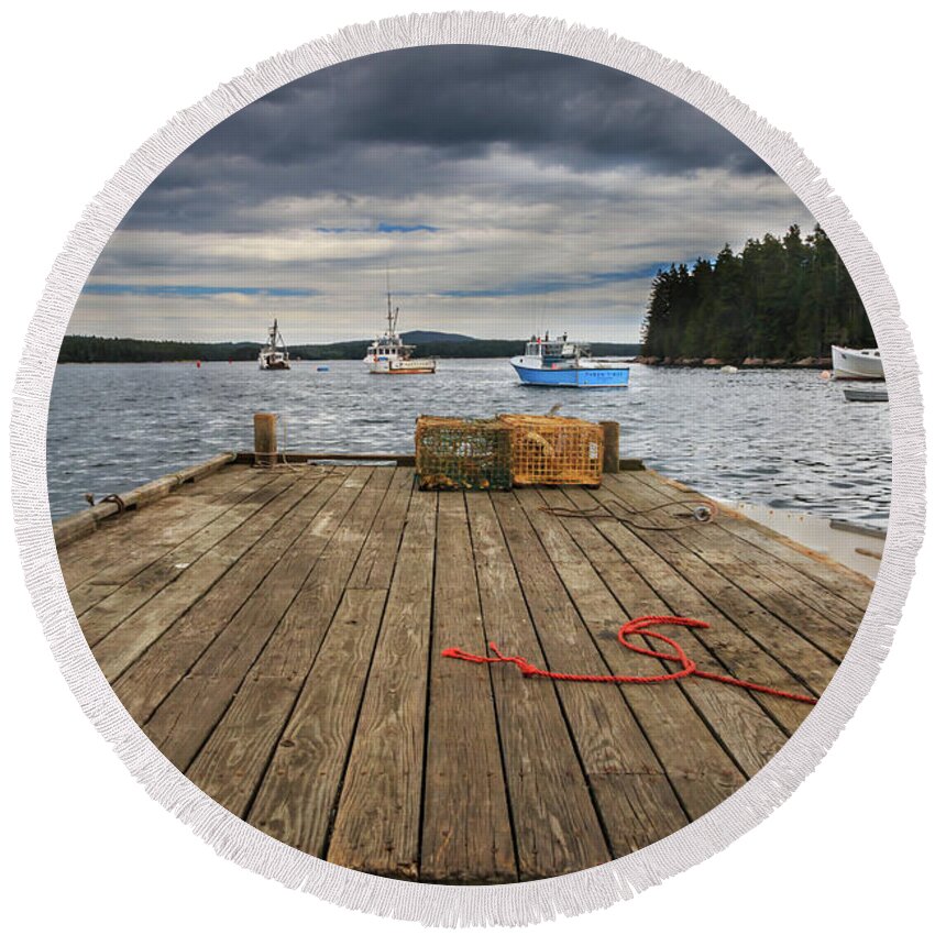 #elizabethdow Round Beach Towel featuring the photograph Lobster Boats of Winter Harbor by Elizabeth Dow