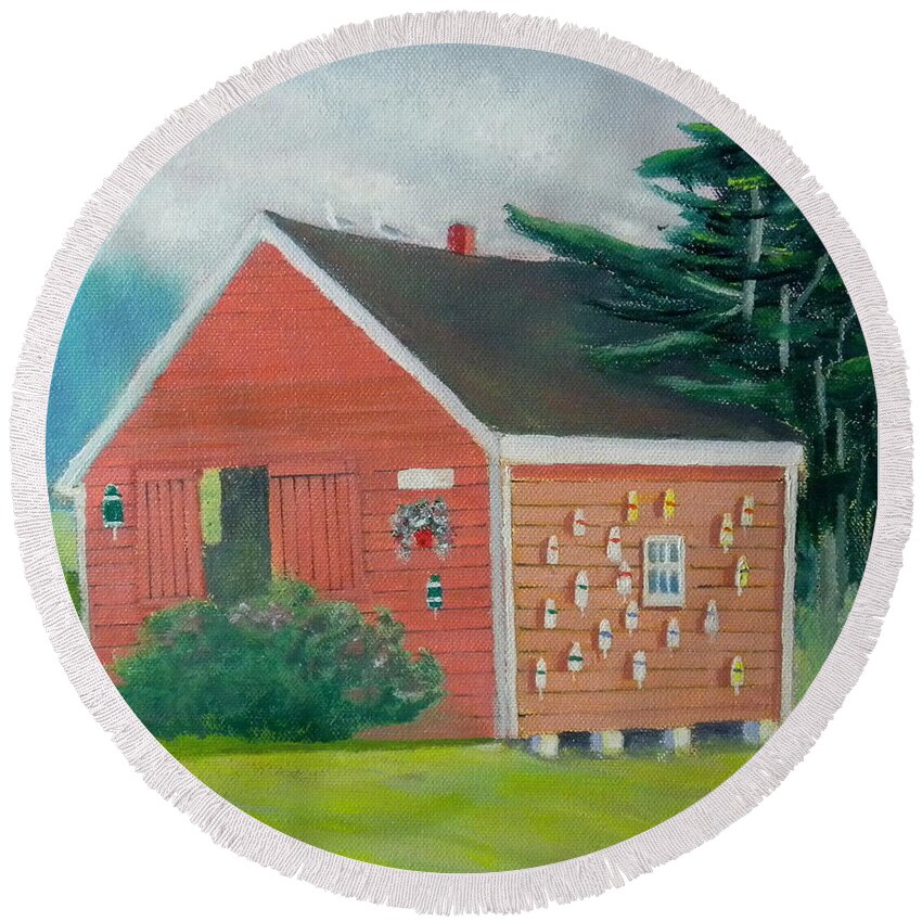Barn Shack Lobster Buoy Landscape Light Round Beach Towel featuring the painting Lobster Buoy Shack by Scott W White