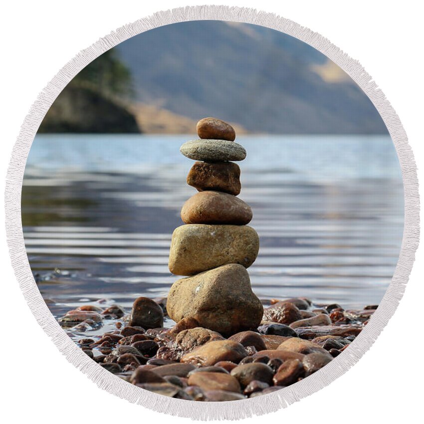 Stones Round Beach Towel featuring the photograph Loch Shiel Stacked Stones by Holly Ross