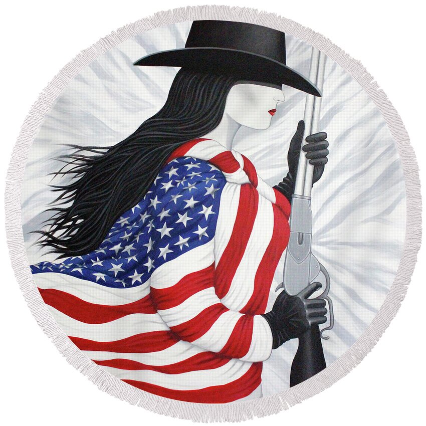America Round Beach Towel featuring the painting Locked And Loaded Number Two by Lance Headlee
