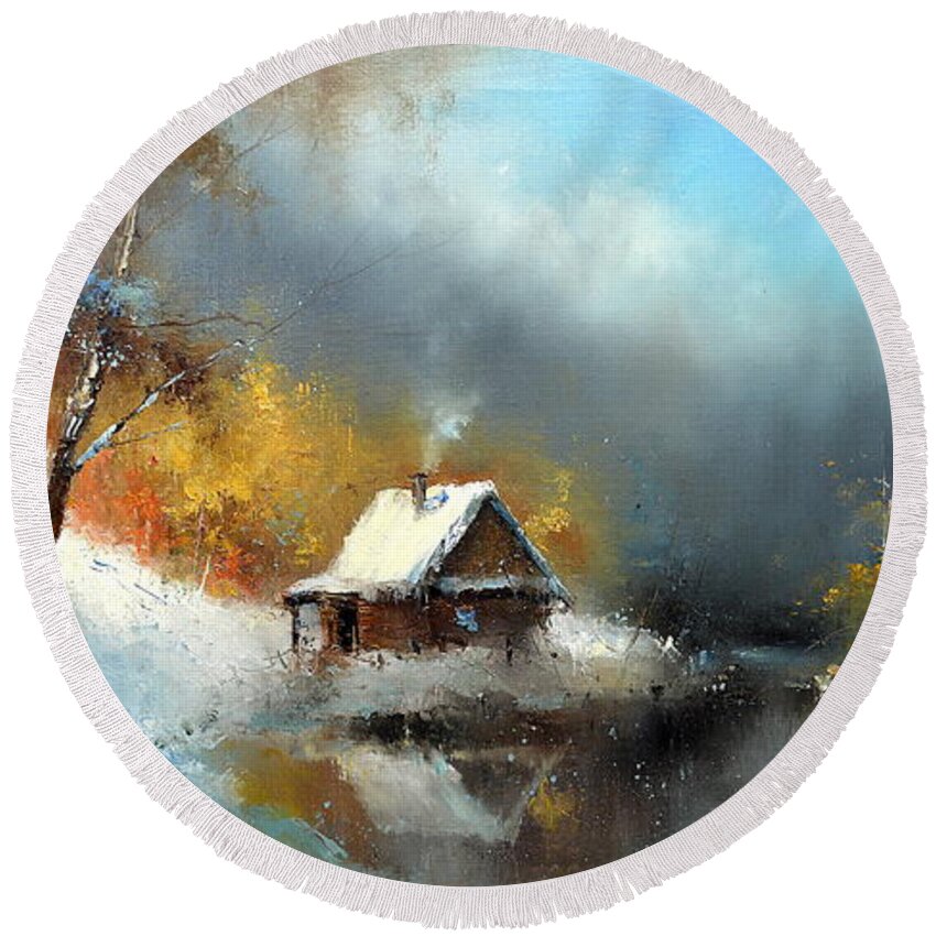 Russian Artists New Wave Round Beach Towel featuring the painting Lodge in the Winter Forest by Igor Medvedev