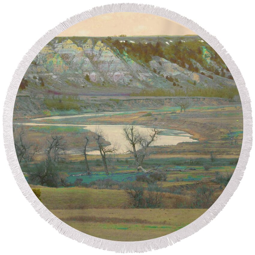 North Dakota Round Beach Towel featuring the photograph Logging Camp River Reverie by Cris Fulton