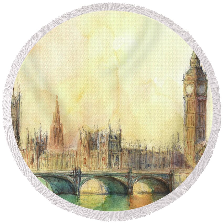 London Big Ben Round Beach Towel featuring the painting London Big Ben and Thames river by Juan Bosco