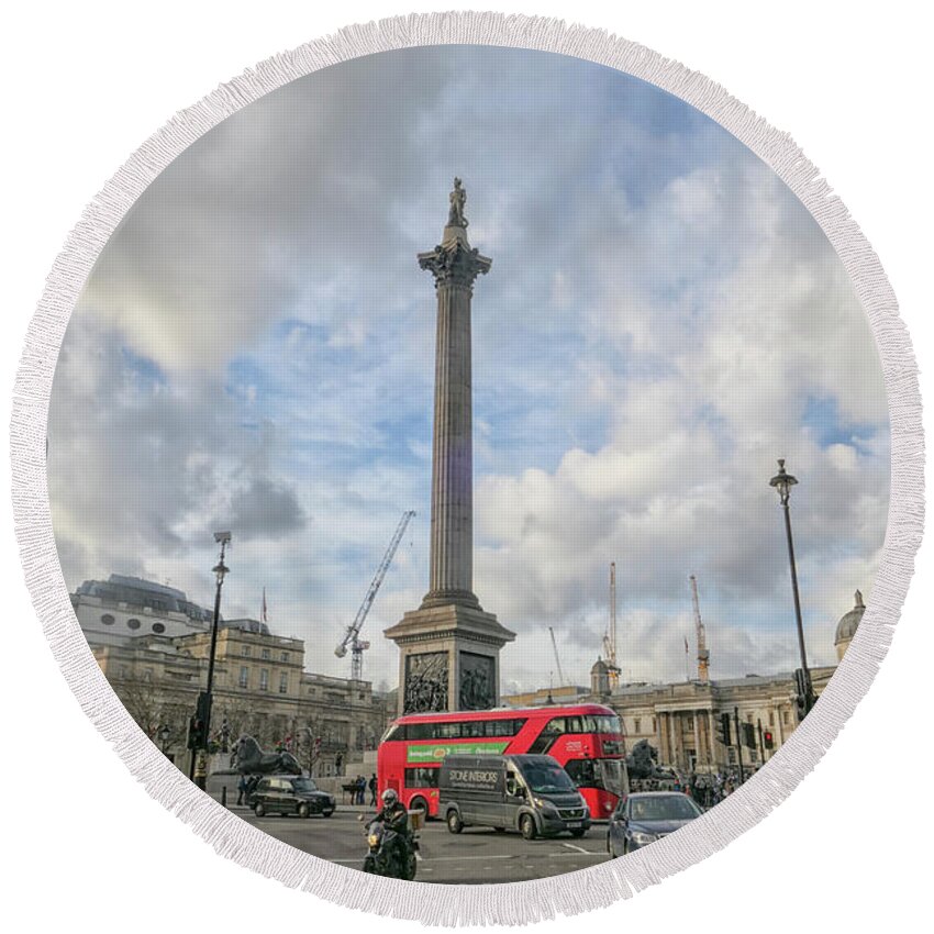 Admiral Round Beach Towel featuring the photograph London bus and Lord Nelson by Patricia Hofmeester