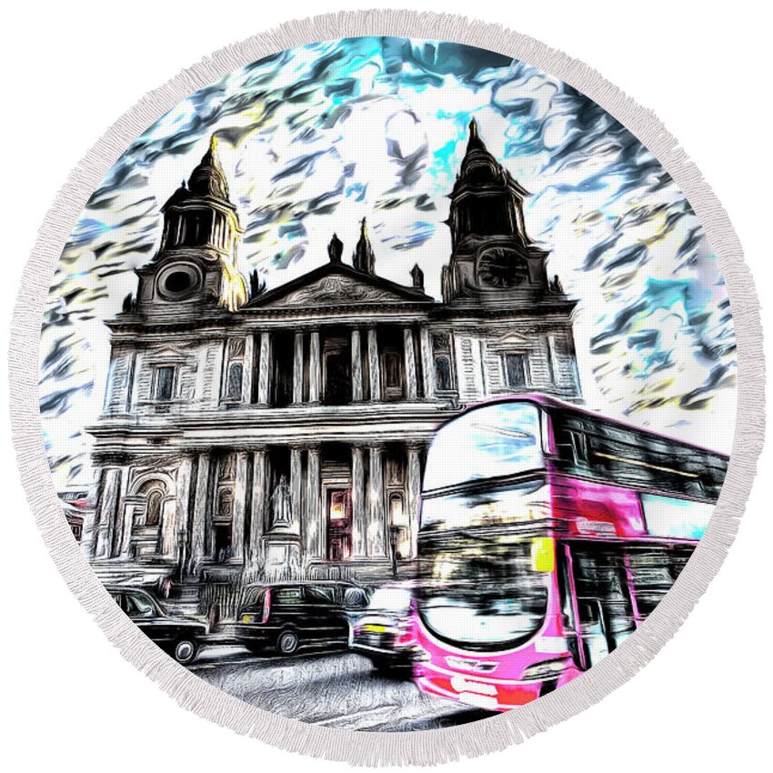 St Pauls Cathedral Round Beach Towel featuring the mixed media London Classic Art by David Pyatt