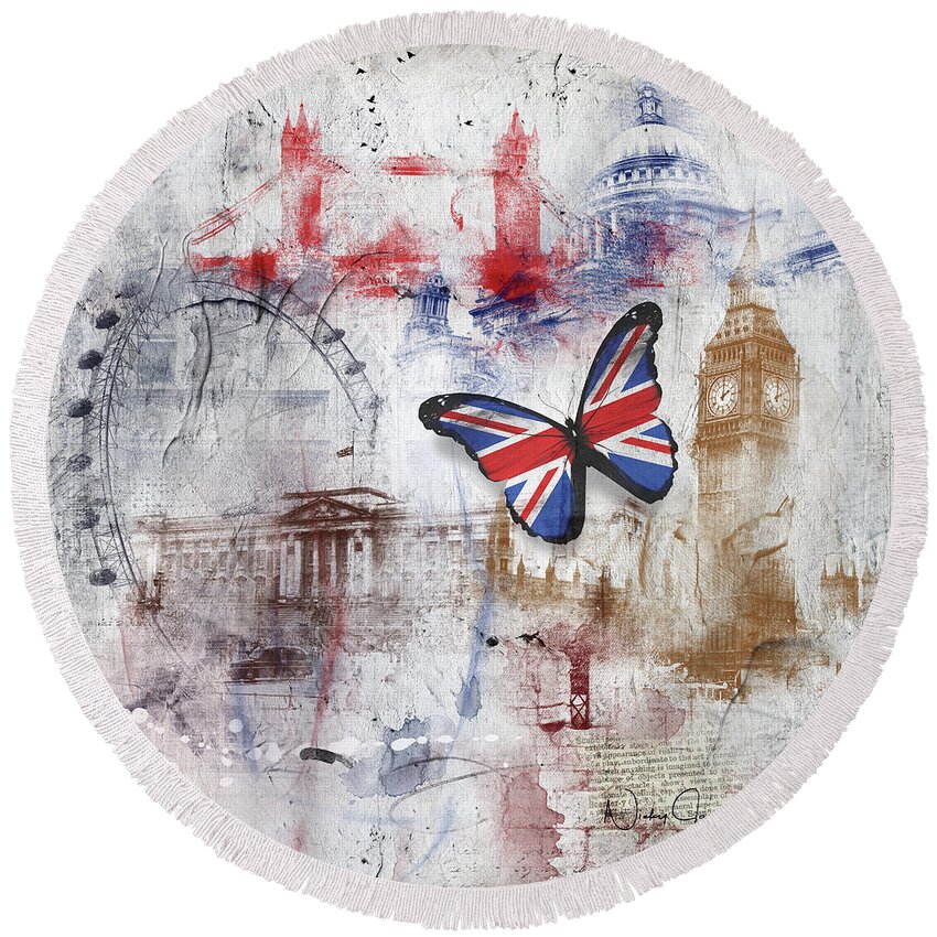 London Round Beach Towel featuring the digital art London Iconic by Nicky Jameson