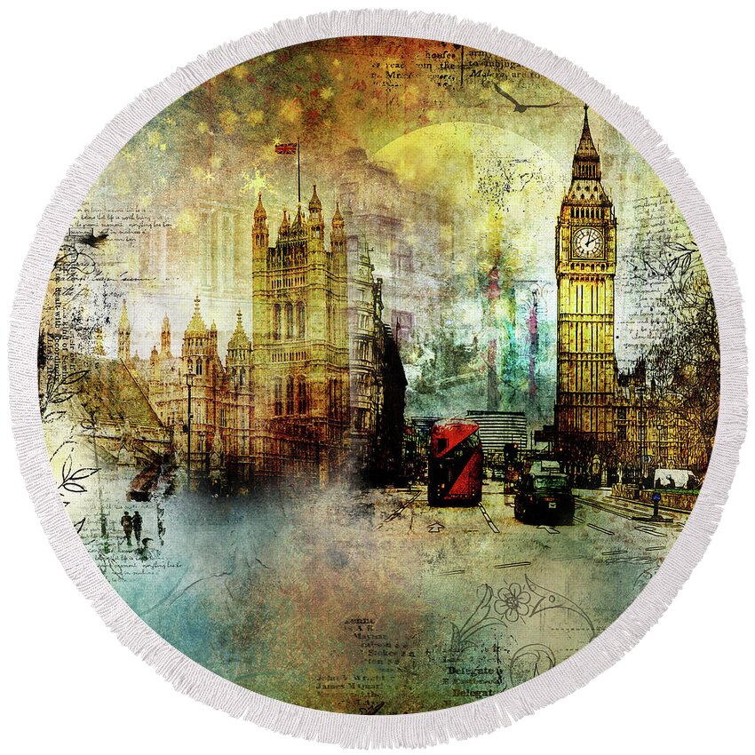 London Round Beach Towel featuring the digital art London Lights by Nicky Jameson