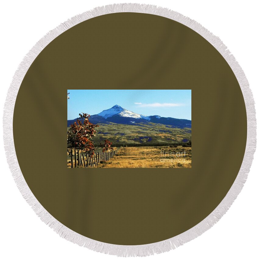 South Of Norwood Colorado Stands This Iconic Peak Round Beach Towel featuring the digital art Lone Cone Mountain by Annie Gibbons