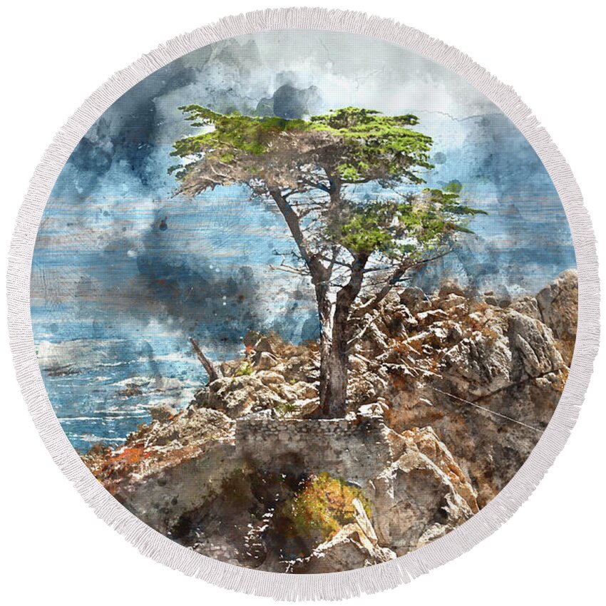 Green Round Beach Towel featuring the photograph Lone Cypress in Monterey California by Brandon Bourdages