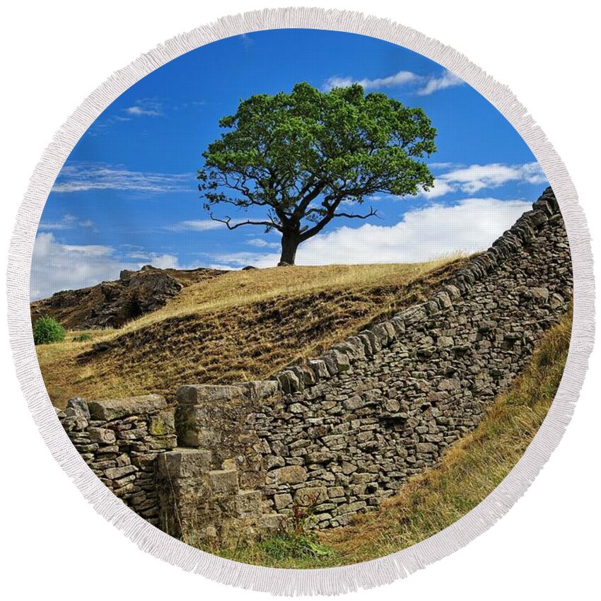 Lone Tree Round Beach Towel featuring the photograph Lone Moorland Tree in Yorkshire Dales by Martyn Arnold