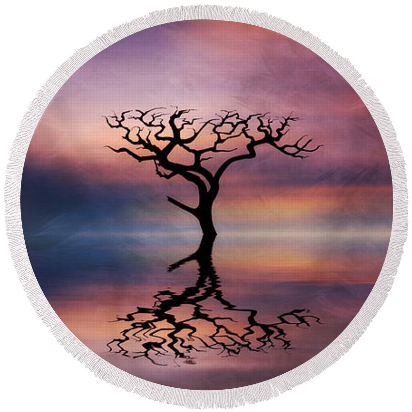 Tree Round Beach Towel featuring the digital art Lone Tree Sunrise by Ian Mitchell