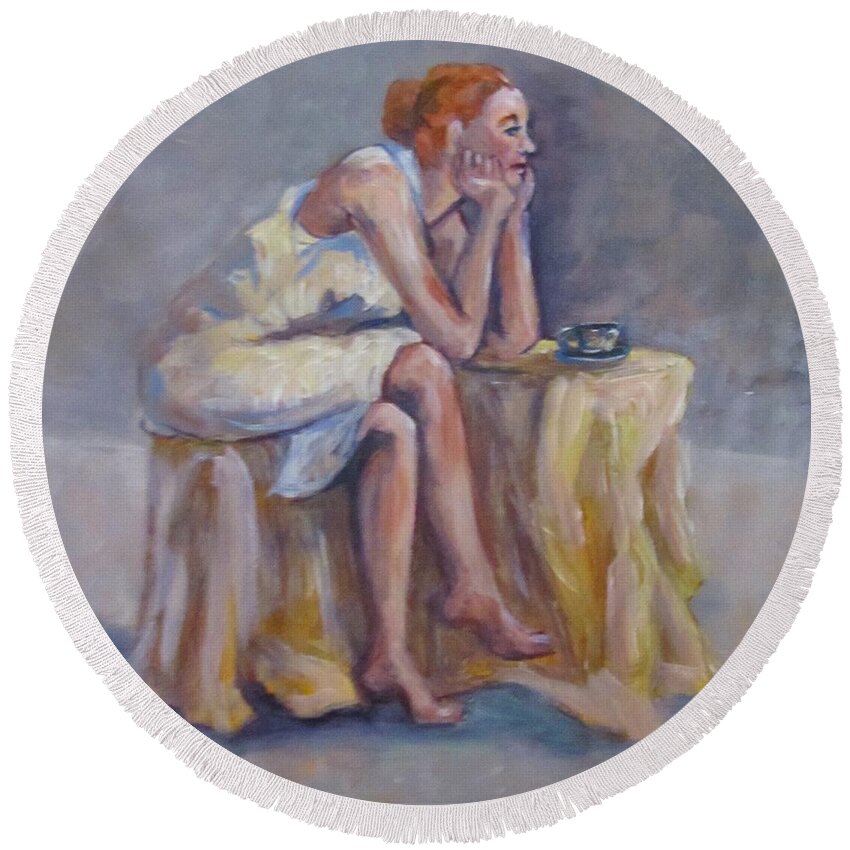 Woman Round Beach Towel featuring the painting Lonely Mornings by Barbara O'Toole