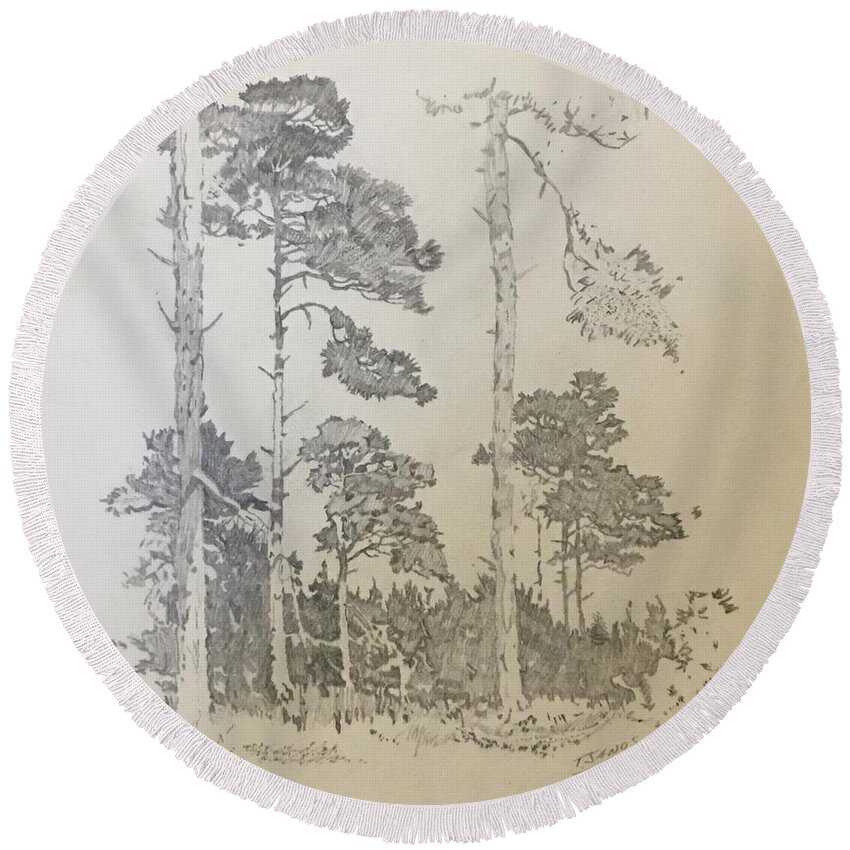 Woods Round Beach Towel featuring the drawing Lonely Pines by Thomas Janos