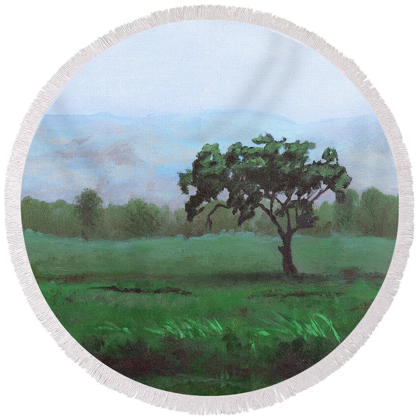 Sky Round Beach Towel featuring the painting Lonely Tree by Masha Batkova