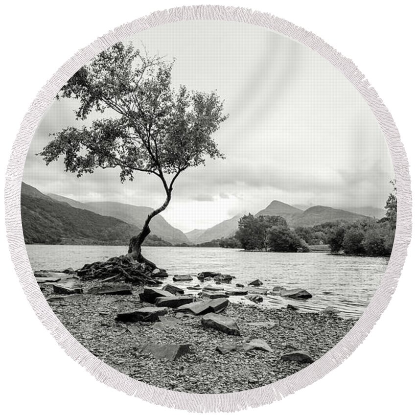 Lonley Tree Round Beach Towel featuring the photograph Loney Tree Snowdonia Wales Journey of Mountains by John Williams