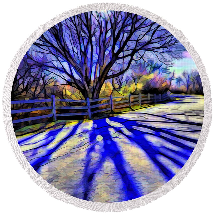 Colorful Tree Round Beach Towel featuring the digital art Long afternoon shadows by Lilia D