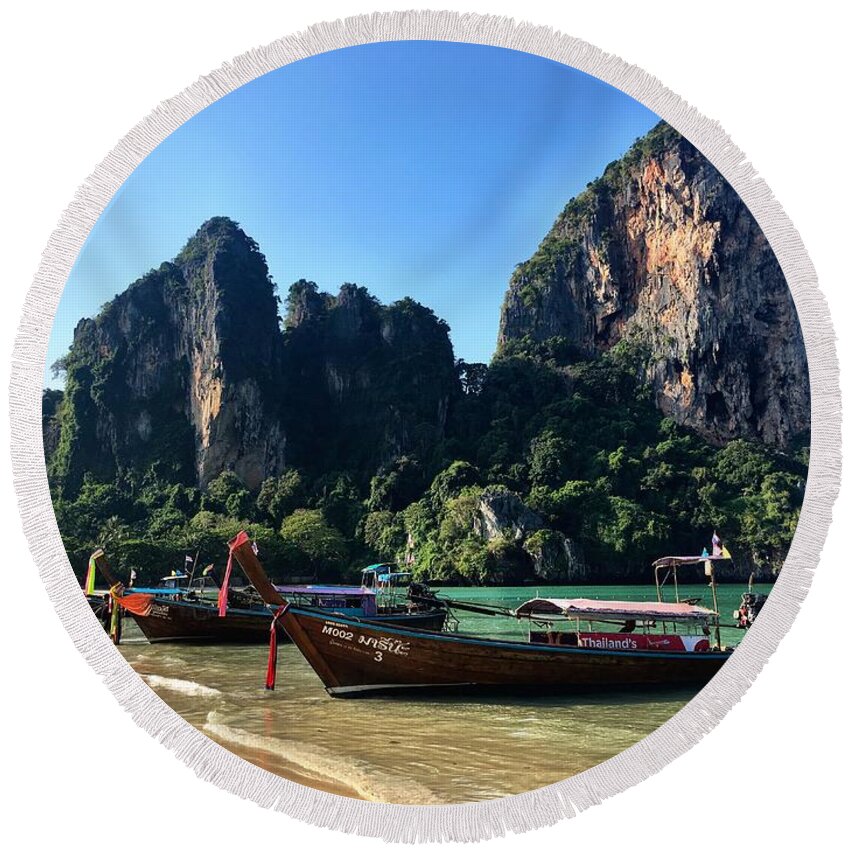 Thailand Round Beach Towel featuring the photograph Long Boats in Thailand by Doris Aguirre