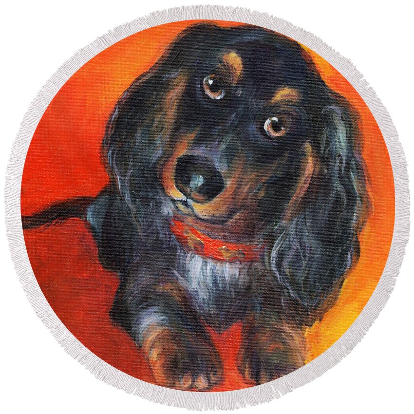 Long-haired Round Beach Towel featuring the painting Long haired Dachshund dog puppy Portrait painting by Svetlana Novikova