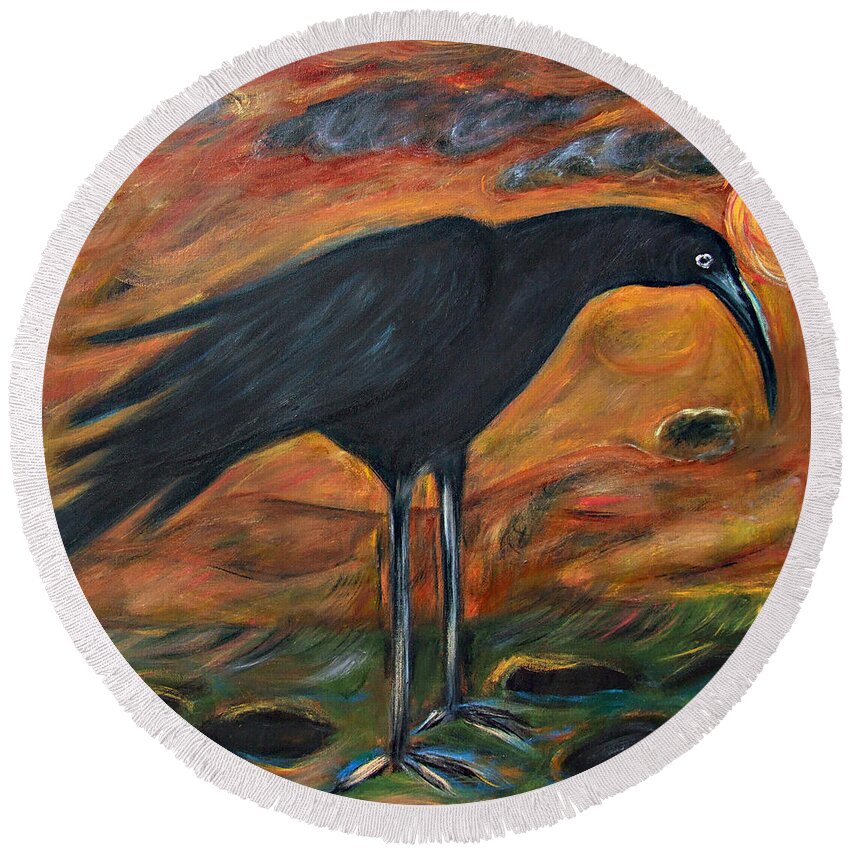 Katt Yanda Original Art Oil Painting Long Legged Crow Round Beach Towel featuring the painting Long Legged Crow by Katt Yanda