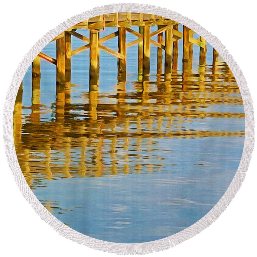 Pier Round Beach Towel featuring the photograph Long Wooden Pier Reflections by Laura D Young