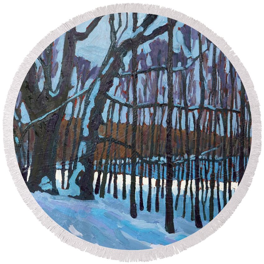 2052 Round Beach Towel featuring the painting Long Reach Lane Forest by Phil Chadwick
