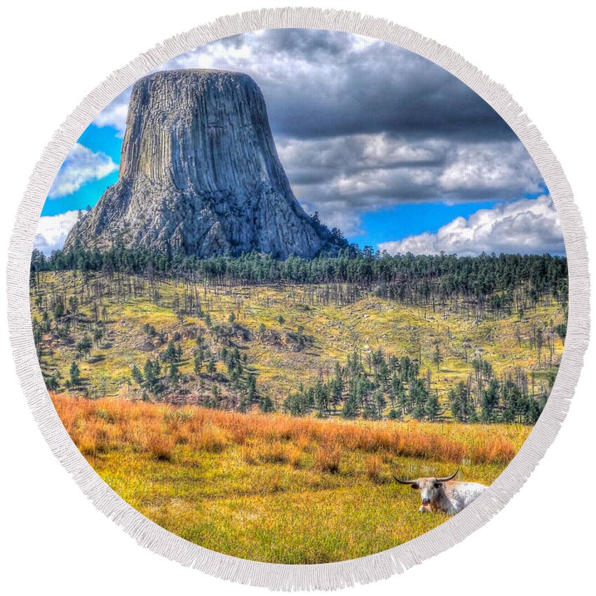 Devils Tower Round Beach Towel featuring the photograph Longhorn at Devils Tower by Don Mercer