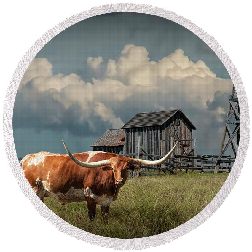 Art Round Beach Towel featuring the photograph Longhorn Steer in a Prairie pasture by Windmill and Old Gray Wooden Barn by Randall Nyhof