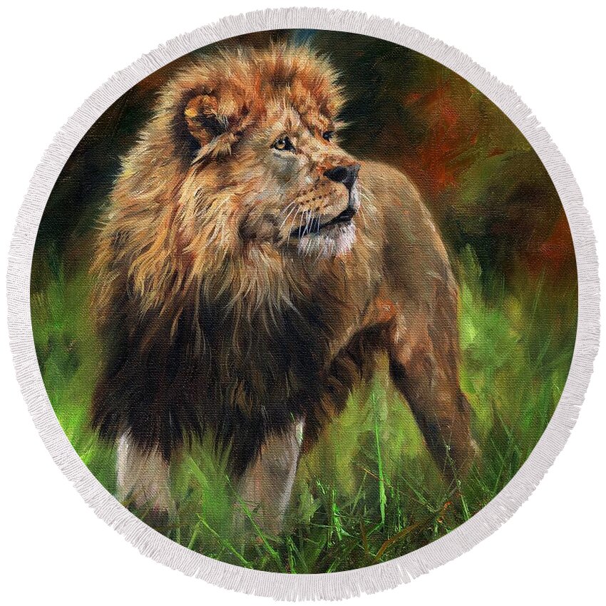 Lion Round Beach Towel featuring the painting Look of the Lion by David Stribbling