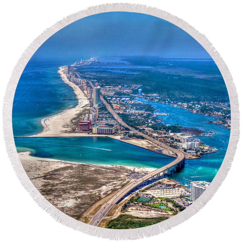 Gulf Shores Round Beach Towel featuring the photograph Looking West Across Perdio Pass by Gulf Coast Aerials -