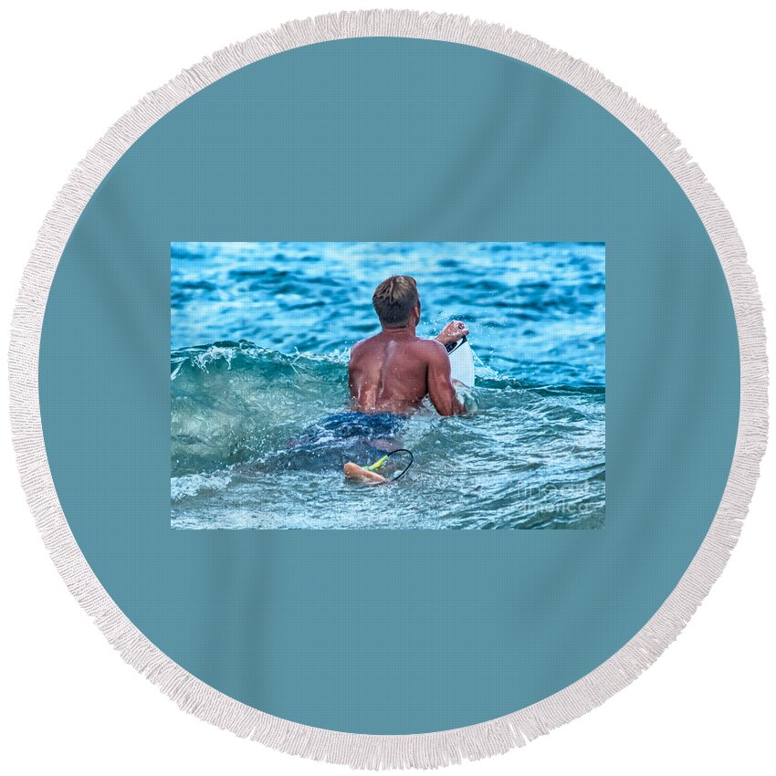 A Surfer Waits And Looks For The Next Wave To Ride. Round Beach Towel featuring the photograph In The Lineup by Eye Olating Images