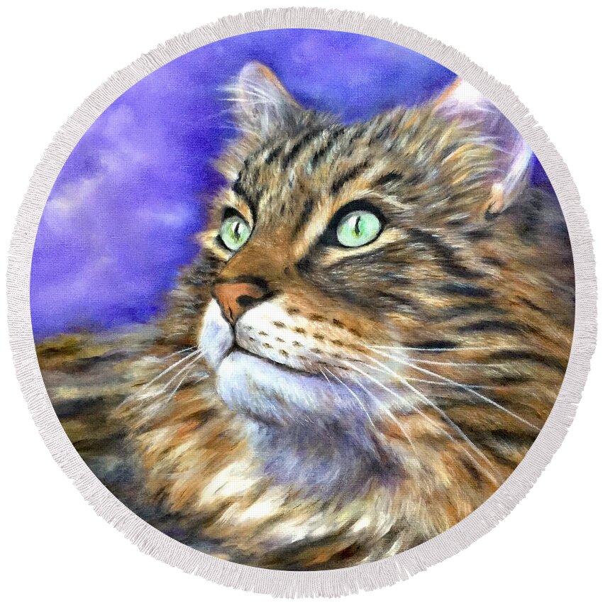 Maine Coon Cat Art Round Beach Towel featuring the painting Looking to the Rainbow Bridge by Dr Pat Gehr