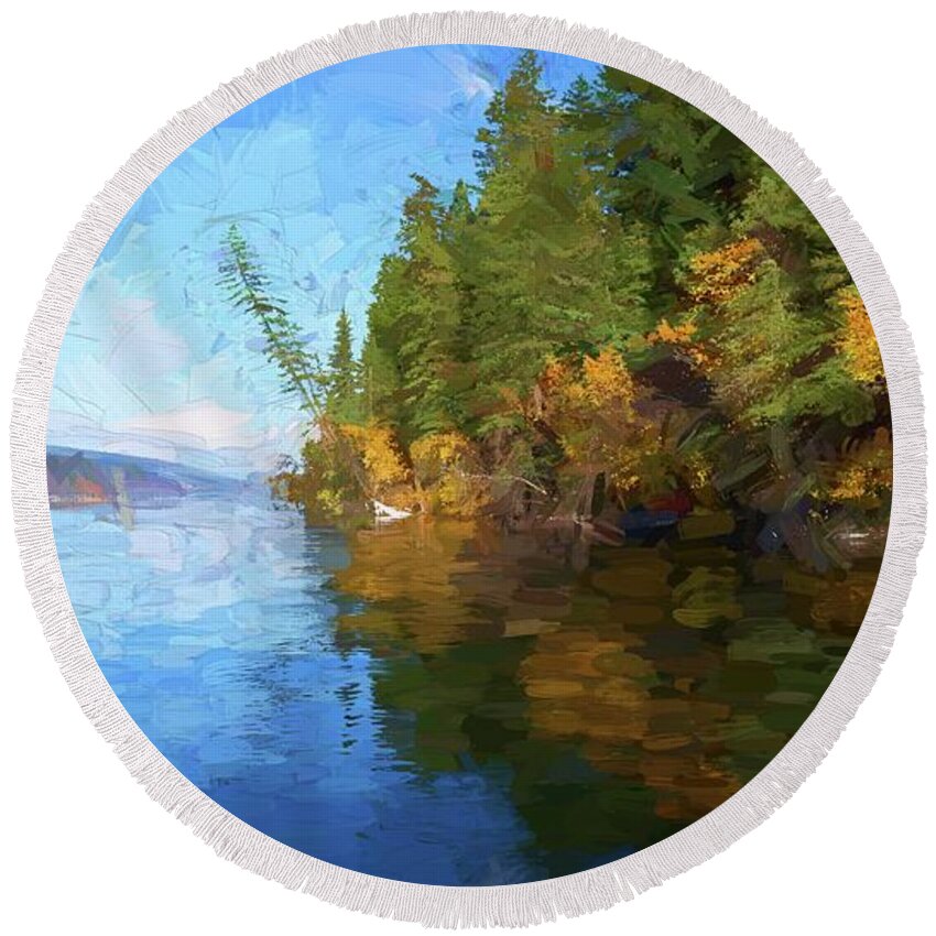 Photopainting Round Beach Towel featuring the photograph Loon Lake Autumn Oil Painting by Allan Van Gasbeck