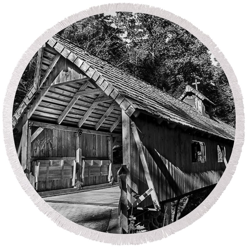 Covered Bridge Round Beach Towel featuring the photograph Loon Song Covered Bridge VIII BW by Rick Bartrand