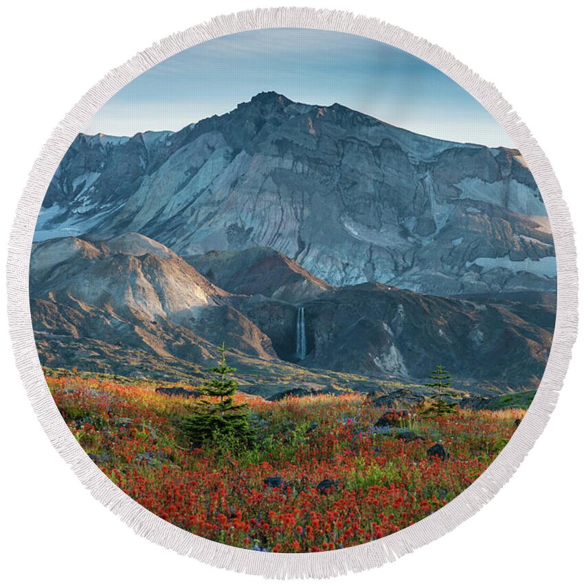 Mount St Helens Round Beach Towel featuring the photograph Loowit Falls Mount St Helens Wildflowers by Mike Reid