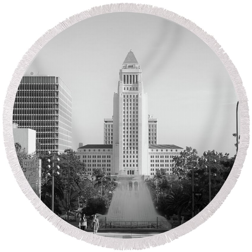 Los Angeles Round Beach Towel featuring the photograph Los Angeles City Hall - Black and White monochrome by Ram Vasudev