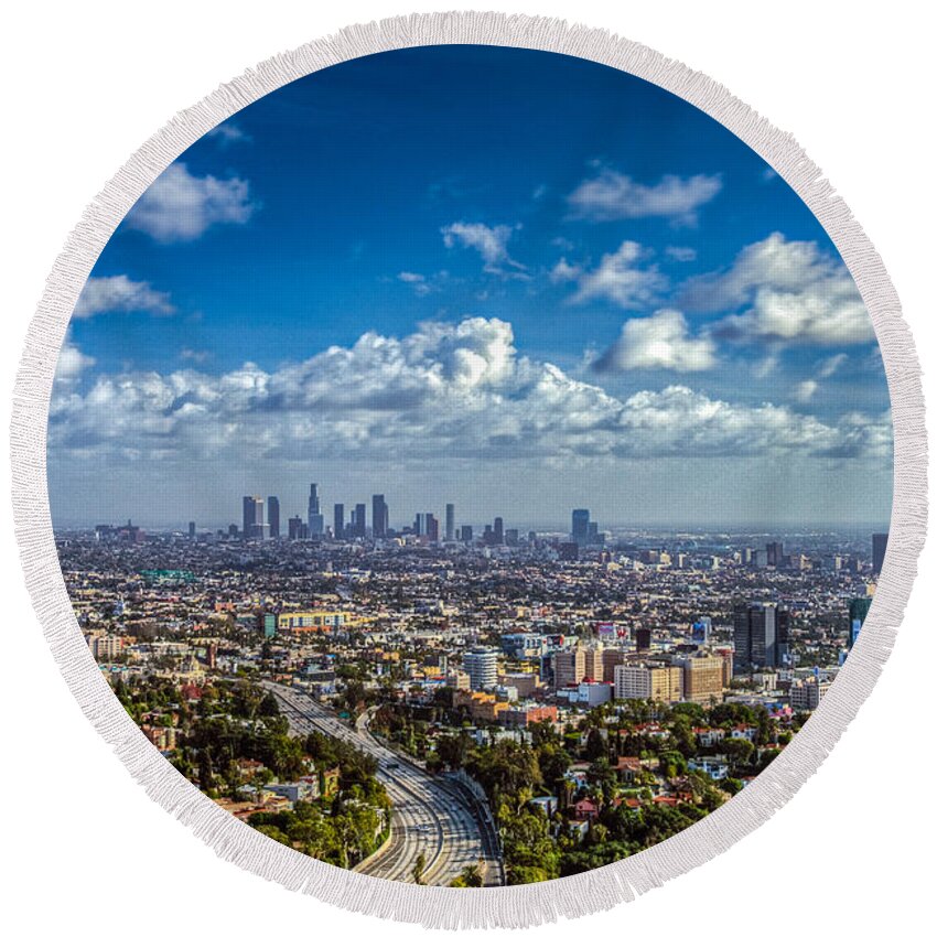 Los Angeles Round Beach Towel featuring the photograph Los Angeles Hollywood Cityscape by David Zanzinger