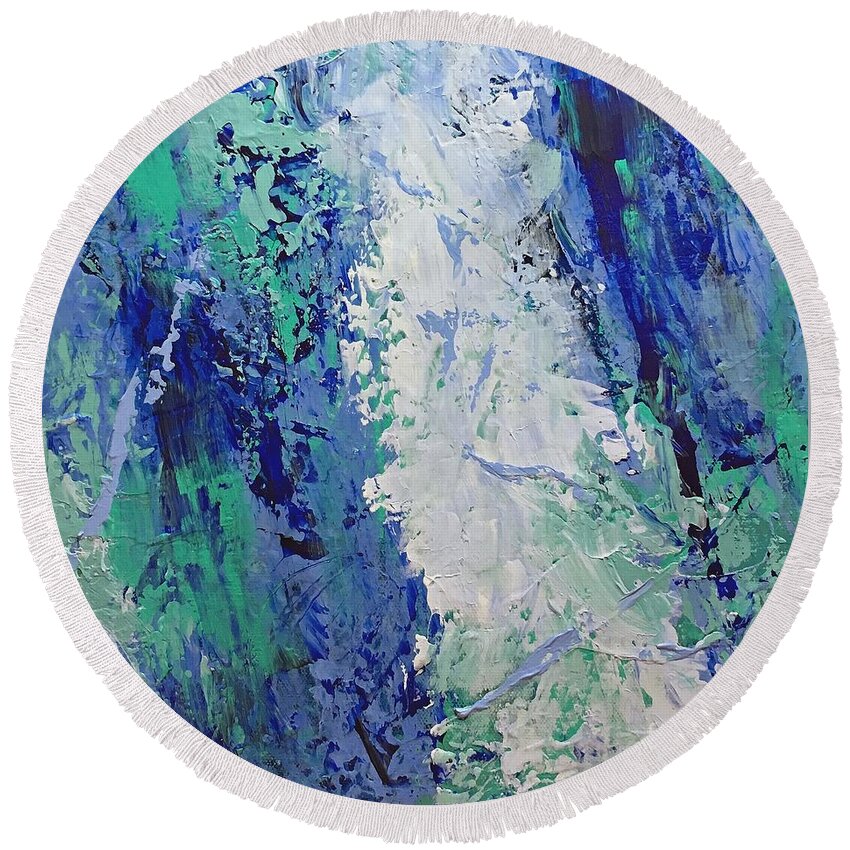 Abstract Round Beach Towel featuring the painting Lost in Blue by Mary Mirabal